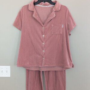 Nine West Womens Soft Ribbed Velour Sleep Shirt and Pants Set Size Large Pink